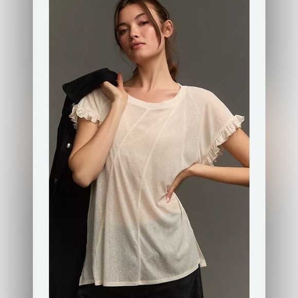 Anthropologie Tops - NWOT Anthropologie Short Sleeved Spliced Sheer Ruffled Top Size Petite Large